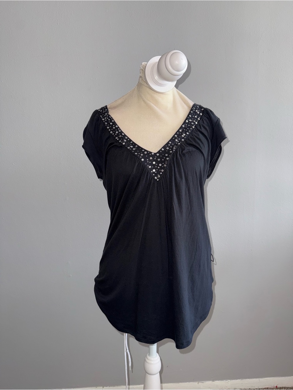 Express Black V-Neck Short Sleeve Top with Studded Trim